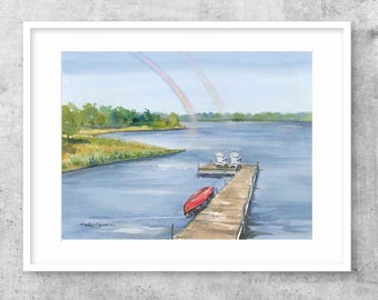 Dock on the Lake Print: Coastal Watercolor Painting Prints on Paper or Stretched Canvas