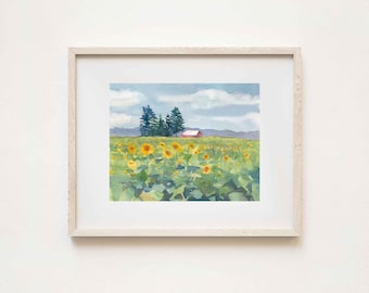 Sunflower field: Watercolor Painting of sunflowers and mountains, Paper or Canvas Prints