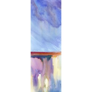 May include: Abstract watercolor painting with a blue sky, a thin red line, and a purple and white landscape.