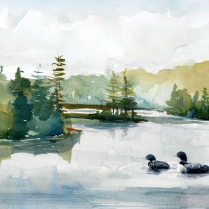 Loons on Lake print, fine art print of original watercolor painting in various sizes