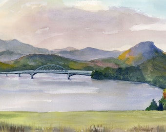 Lake Champlain Watercolor Print: Crown Point Bridge, Adirondack Fall Foliage