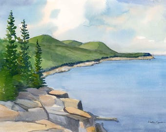 Acadia Art Print: Otter Cliffs Overlook Watercolor prints on paper or stretched canvas