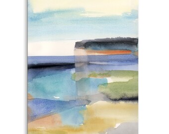 Abstract Seascape Vertical art print, contemporary minimalist landscape watercolor painting in layers of color, various sizes available