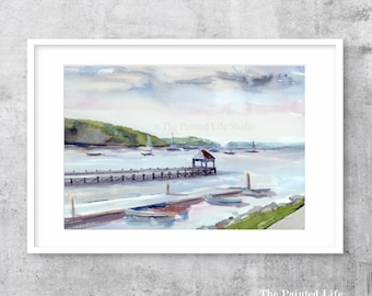Northport Harbor Watercolor Art Print: Dock and Boats in Summer