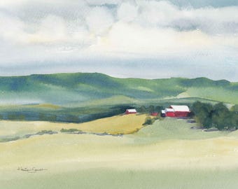 Red Barns original watercolor painting | Farm and mountains landscape | one-of-a-kind artwork