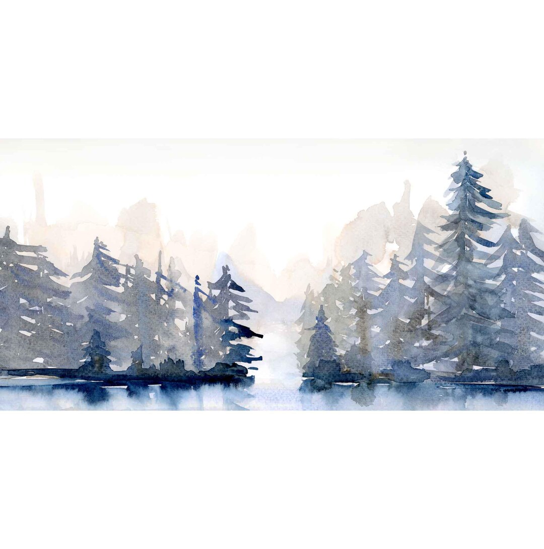 Misty Pine Trees Watercolor Print: Neutral Blue Tan Panoramic Art - Etsy