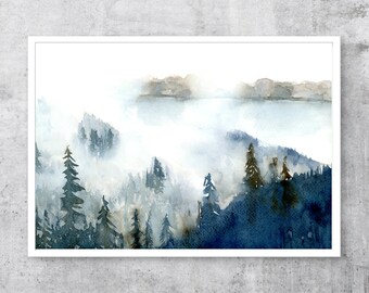 Misty Pine Trees and Mountains art print, watercolor fog forest landscape, various sizes