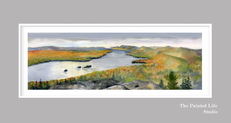 watercolor art in various sizes Adirondack Lake Autumn Art Print Mountains and Lake wall art wide panoramic print of fall foliage