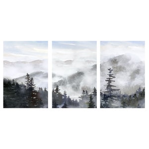 Set of 3 prints, Adirondacks Mist and mountains, paper or stretched canvas, foggy pine forests landscape in neutral colors, black blue