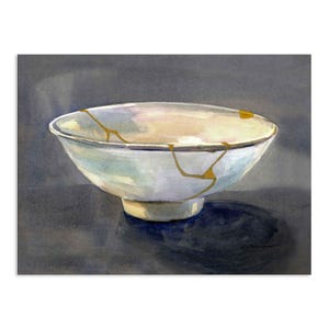 Kintsugi Bowl Watercolor Art Print: Wabi Sabi Gold Repair Lines