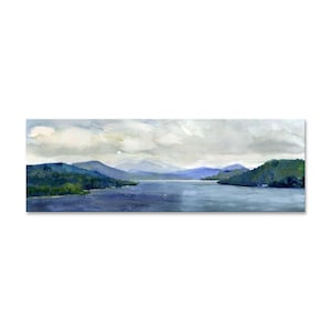 Adirondack Watercolor Art,  Mountains and Lake Sacandaga wall art wide panoramic print, paper or stretched canvas prints