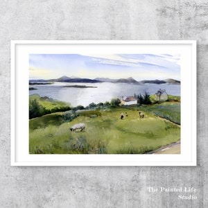 Scottish Highlands Sheep landscape wall art print of watercolor painting, Scotland countryside art, various sizes image 2