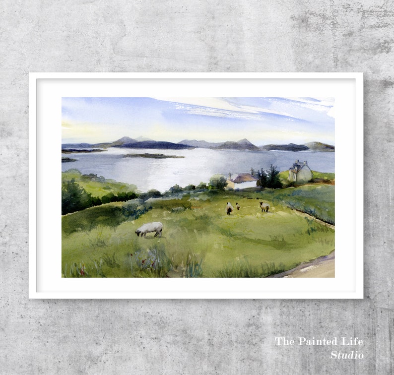 Scottish Highlands Sheep landscape wall art print of watercolor painting, Scotland countryside art, various sizes image 2