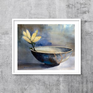 Kintsugi Bowl with Magnolia, fine art print from original watercolor, yellow magnolia, kintsukuroi, beauty in broken pottery, gold lines