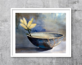 Kintsugi Bowl Magnolia Watercolor Art Print: Wabi-Sabi Home Decor