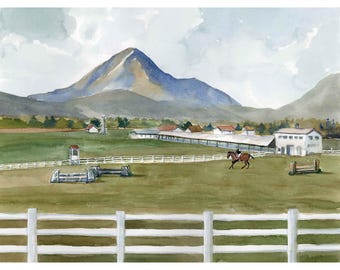 May include: A watercolor painting of a horse and rider jumping over a fence in a field with a mountain in the background.