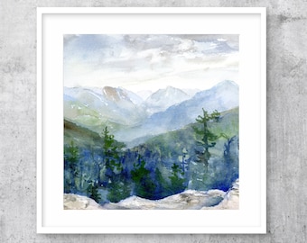 Adirondack Mountain Square art print, watercolor painting of Big Slide Mountain in the High Peaks Wilderness, various sizes available