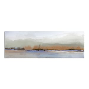 Puede incluir: Pintura abstracta de acuarela con una l&iacute;nea horizontal de marr&oacute;n y azul en la parte inferior, sobre un fondo brumoso de color verde claro y gris.