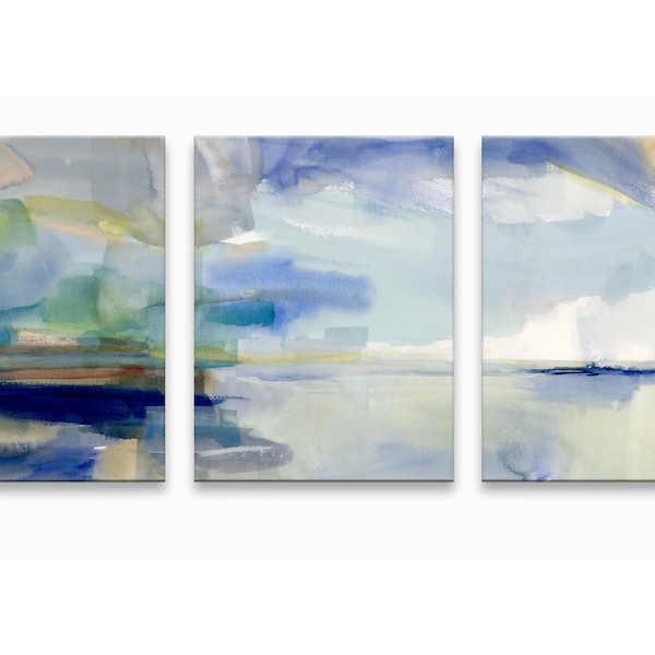 Set of 3 CANVAS prints, colorful abstract landscape prints, modern + minimalist triptych,  three wrapped canvases in various sizes