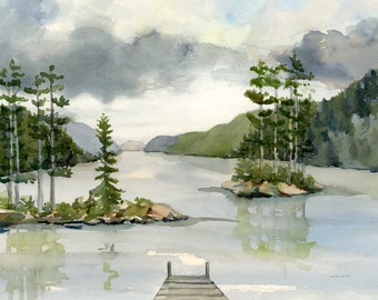 Lake George Watercolor Art Print: Adirondack Dock & Islands