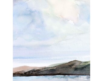 Mountains & Lake Art Print: colorful watercolor painting, vertical/tall format