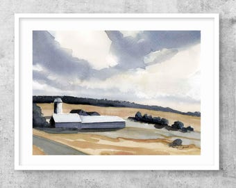 Contemporary Barns Painting: Neutral Colors Farm Watercolor, prints on paper or stretched canvas