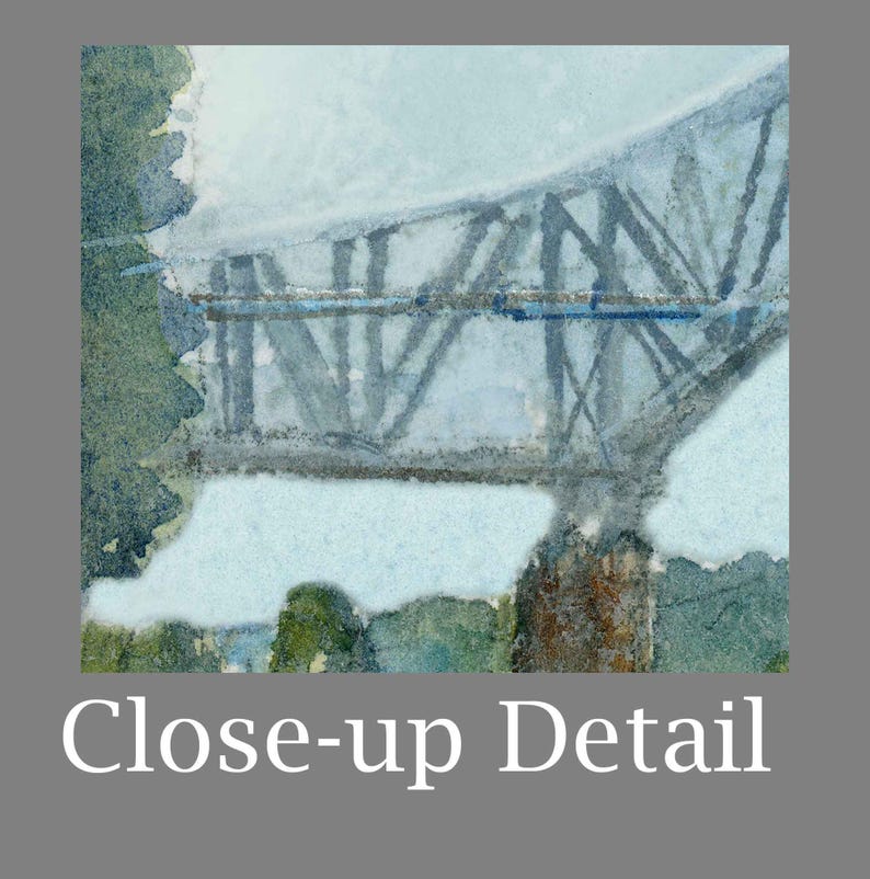 May include: Watercolor painting of a bridge with a detailed close-up view. The bridge is depicted in shades of blue and gray, with visible structural elements. The text "Close-up Detail" is at the bottom of the image.