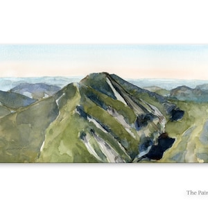 May include: Watercolor painting of a mountain range with a blue sky and green and brown hills. The painting is done in a realistic style and captures the beauty of the natural landscape.
