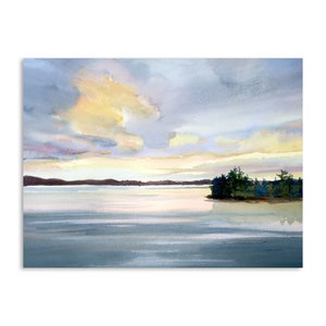 Sunset on Lake George art print, watercolor painting of lake in the Adirondack Mountains fine art giclee print in various sizes