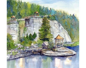 Mohonk Mountain House Art Print:  Lookout towers watercolor painting, paper or canvas prints