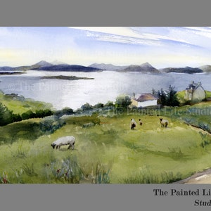 Scottish Highlands Sheep landscape wall art print of watercolor painting, Scotland countryside art, various sizes