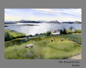 Scottish Highlands Sheep landscape wall art print of watercolor painting, Scotland countryside art, various sizes