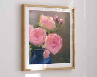 Pink Roses Painting Art Print: Impressionist flowers in blue vase