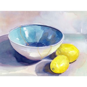 Kintsugi Bowl with Lemons Art Print: Wabi-Sabi Watercolor