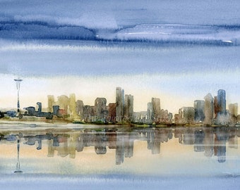 Seattle Skyline Watercolor art print, Puget Sound, Washington State cityscape wall art in various sizes