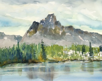 Idaho Mountains Art Print, Sawtooth Range and Alice Lake watercolor painting, various sizes available