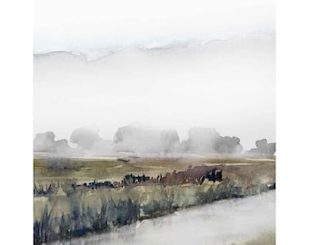 Misty Marsh Art Print: Fog Over Mountains, Earth Tones, paper or canvas