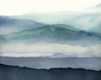 Blue Mist Mountain Layers art print, horizontal version, contemporary minimalist landscape watercolor wall art