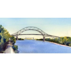 May include: Watercolor painting of a bridge spanning a blue waterway. The bridge has a distinctive arch design, with a smaller bridge visible in the distance. Lush green trees line the banks, and the sky is a soft blue.