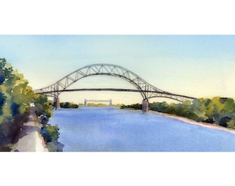 May include: Watercolor painting of a bridge spanning a blue waterway. The bridge has a distinctive arch design, with a smaller bridge visible in the distance. Lush green trees line the banks, and the sky is a soft blue.