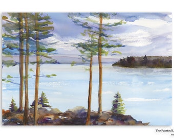 Pine Trees on the Lake art print, watercolor print, rocky point on lake shore wall art, various sizes