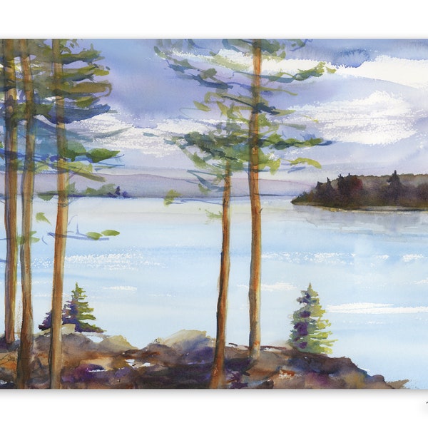 Pine Trees on the Lake art print, watercolor print, rocky point on lake shore wall art, various sizes