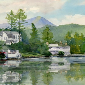 Mirror Lake Inn Art Print: Lake Placid Watercolor, Adirondacks