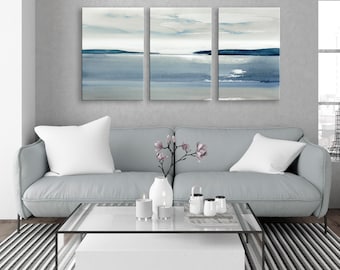 Set of 3 CANVAS Prints, wrapped stretched canvas landscape triptych, "Reflections Over the Sea" blue gray abstract seascape in muted tones