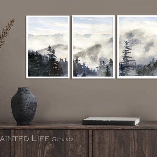 Set of 3 shops prints, Adirondacks Mist and mountains, foggy pine forests landscape in neutral colors, black blue, triptych prints, various sizes