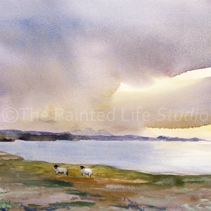 View from Iona watercolor, wall art print of original painting, Scotland isle of Iona and sheep, various sizes