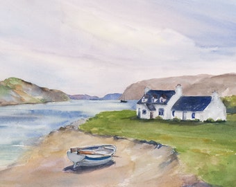 Seaside Cottage Painting, art print of white cottage and rowboat along a lake, print of watercolor painting, various sizes available