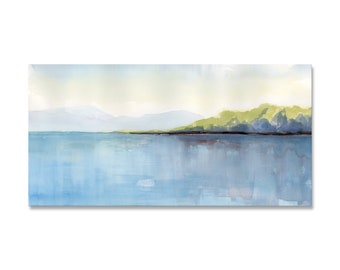 Wide Abstract CANVAS Landscape Painting, contemporary panoramic seascape and mountains wall art, lake house decor