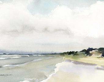 Coastal Art Print of Original Watercolor Painting, neutral colors, seashore in muted blues and tan, wall art in various sizes
