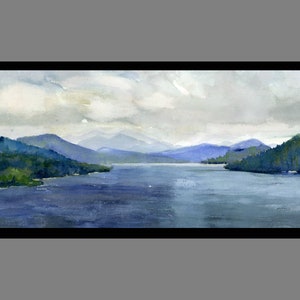 Adirondack Watercolor Art,  Mountains and Lake Sacandaga wall art wide panoramic print